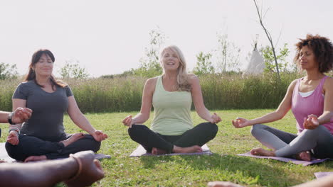 Lehrerin-Leitet-Eine-Gruppe-Reifer-Männer-Und-Frauen-Im-Unterricht-Bei-Einem-Yoga-Retreat-Im-Freien