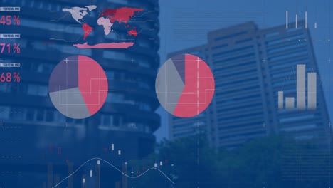 animación de la interfaz infográfica sobre edificios modernos contra el cielo