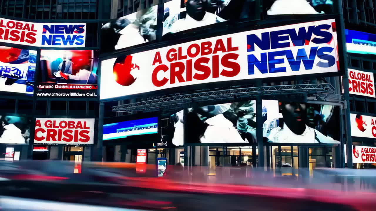 Global Crisis Headlines on Times Square Billboards at Night
