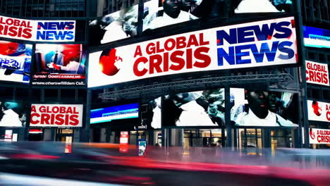 global crisis headlines on times square billboards at night