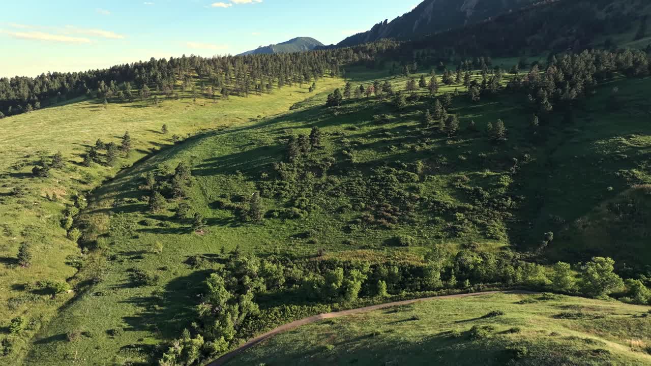 Vista aerea sulle colline boscose di Boulder con le cime delle montagne Flatirons sullo sfondo, Colorado, USA