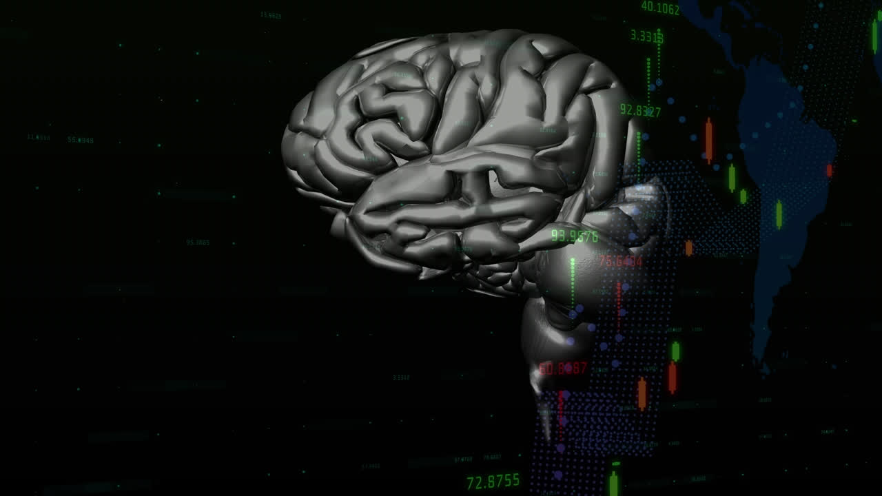 Animation of graphs over rotating brain on black background