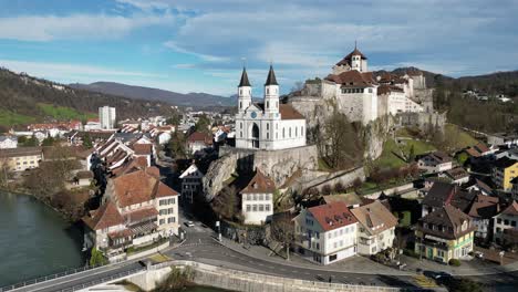 aarburg aargau switzerland drone flight approaches castle sunny day