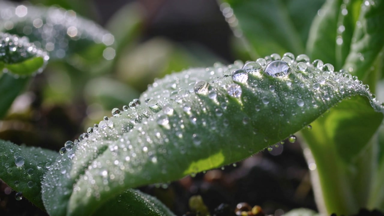Shifting camera guiding focus across green seedling leaf in garden bed, revealing dew droplets