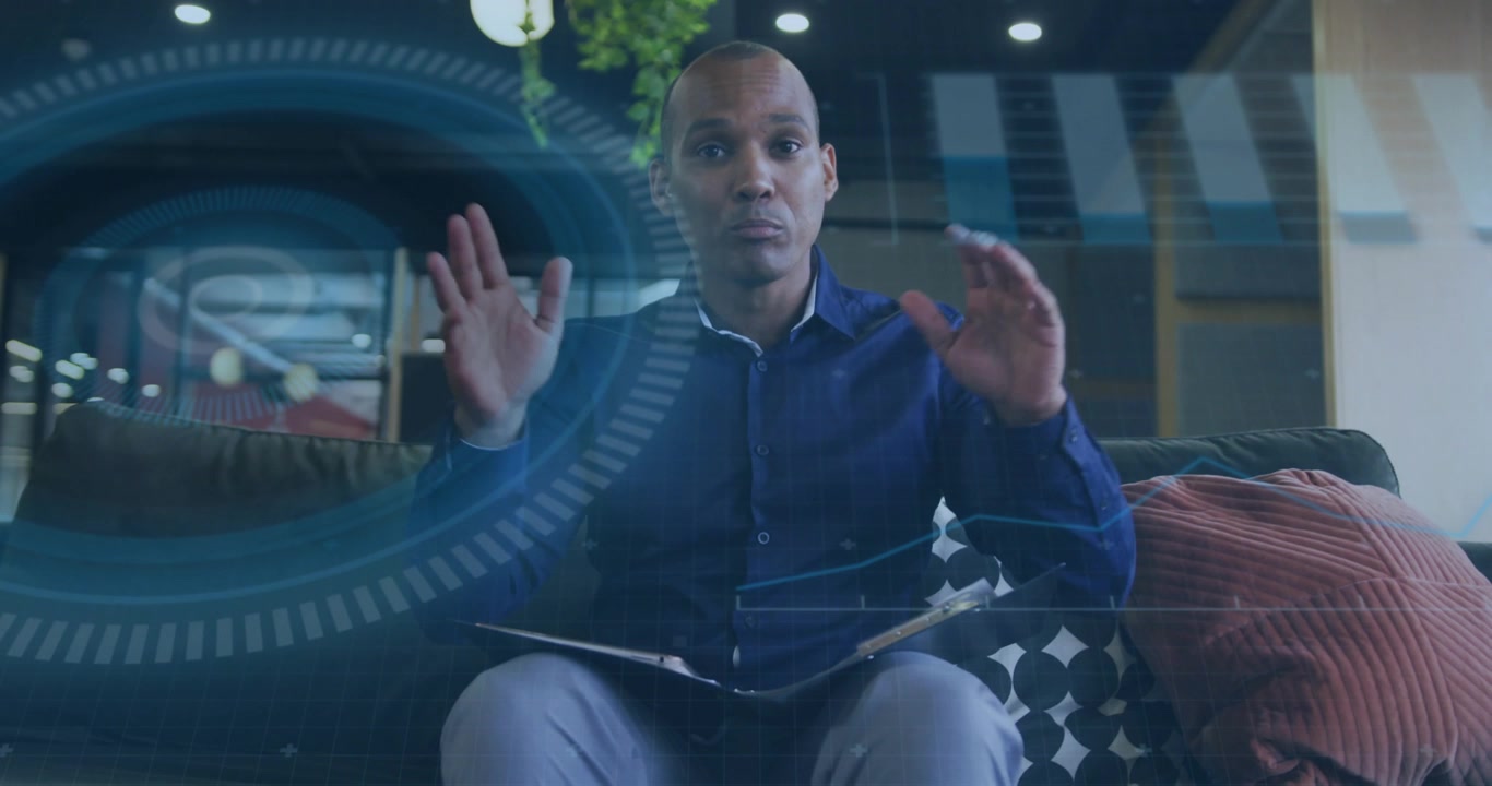 Consultant raising hands greeting sharing insights tapping tablet on sofa as UI graphics animating