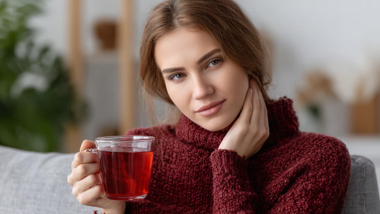 A Cozy Moment: Captivating Portrait of a Woman Enjoying a Cup of Herbal Tea in a Comforting Indoor Setting, Perfect for Relaxation and Tranquility