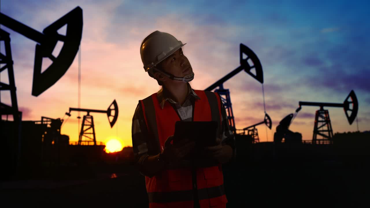 ingeniero de plataformas petroleras al atardecer