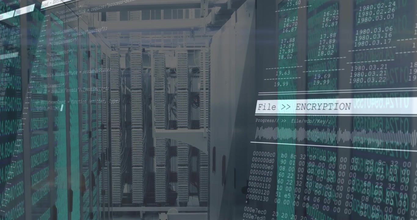 Server racks holding while code streams appearing and encryption panel sliding in for securing data
