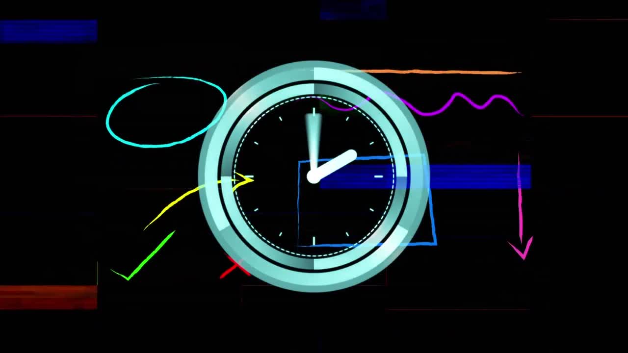 Animation of clock over colorful shapes