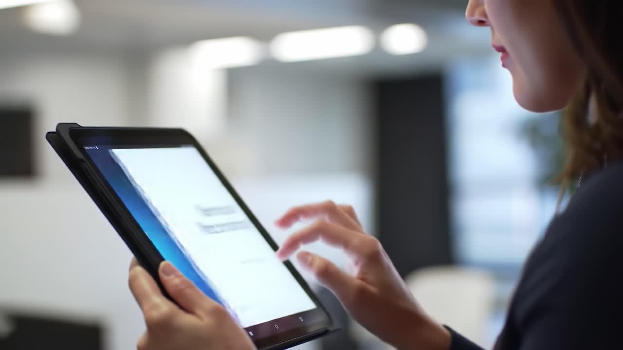 A person is focused on their tablet while engaged in a remote recording session. The stylish office background suggests a professional environment, emphasizing remote work adaptability.