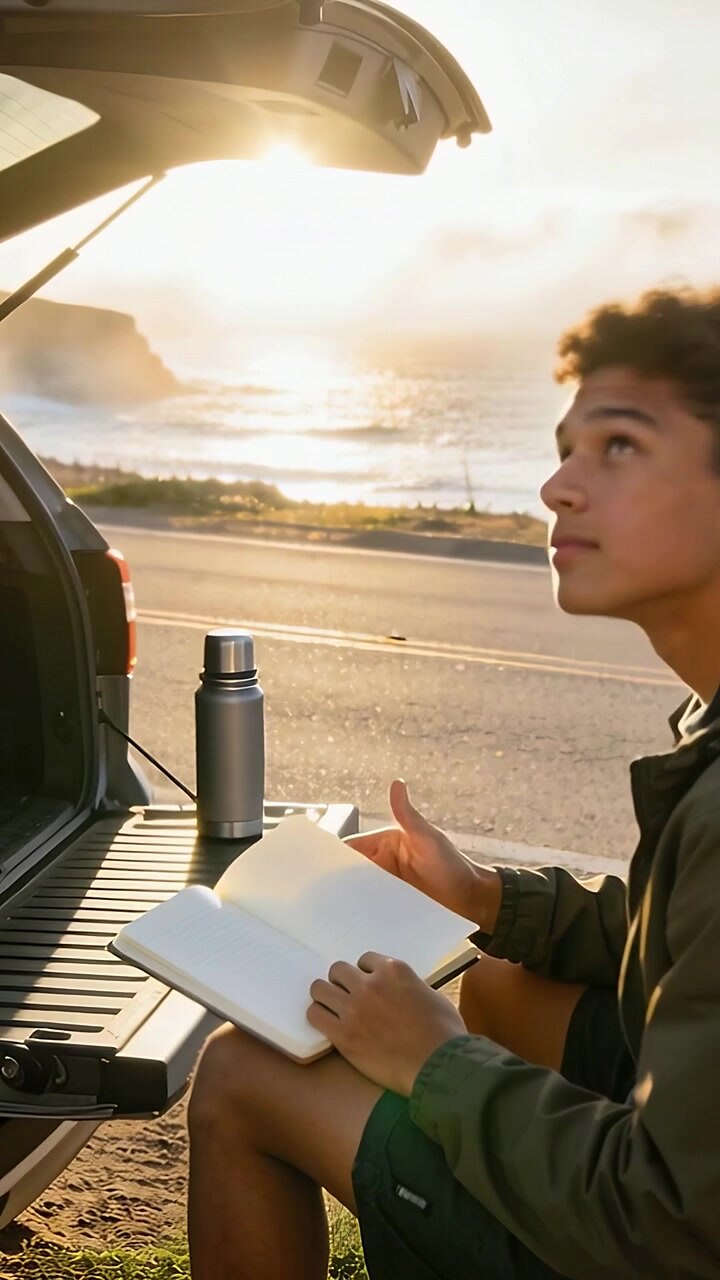 Video verticale: Adolescente che sfoglia le pagine di un taccuino guardando verso la costa illuminata dal sole dal portellone posteriore con un thermos