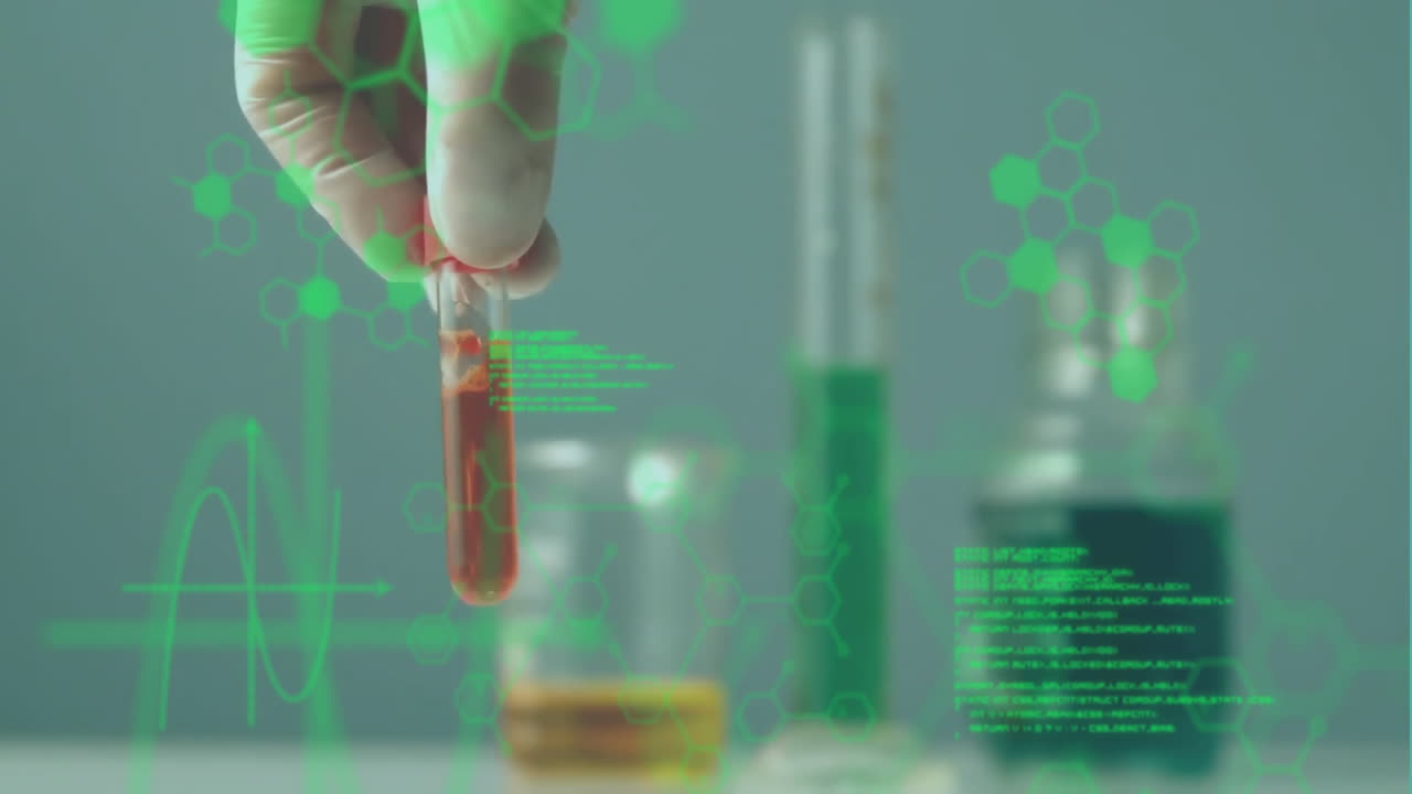 animación del procesamiento de datos y la fórmula química sobre tubos de ensayo