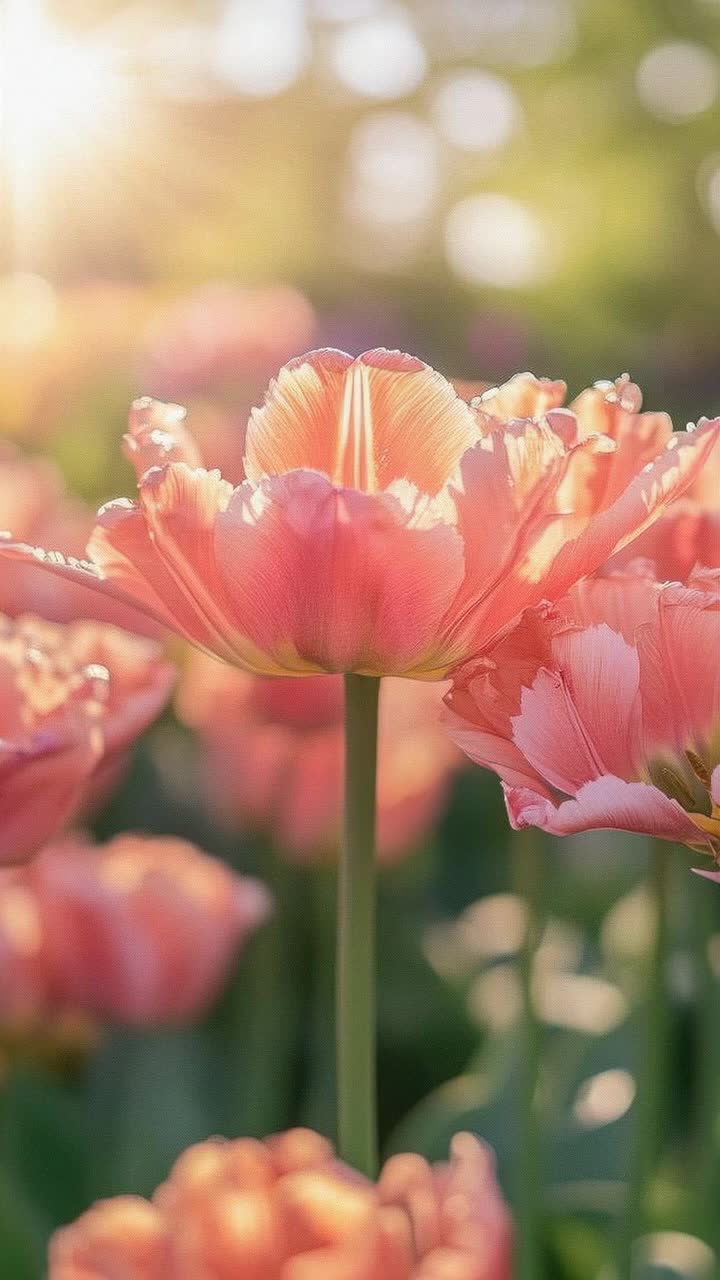 Video ravvicinato di tulipani rosa vivaci in un giardino, ripreso da una bassa angolazione della camera con un effetto morbido e sognante