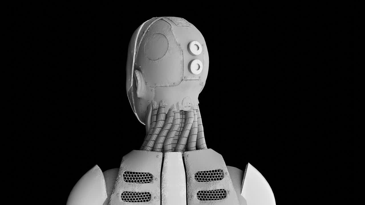 prototipo di robot umanoide intelligenza artificiale collegata al cervello vista posteriore sfondo nero animazione di rendering 3d