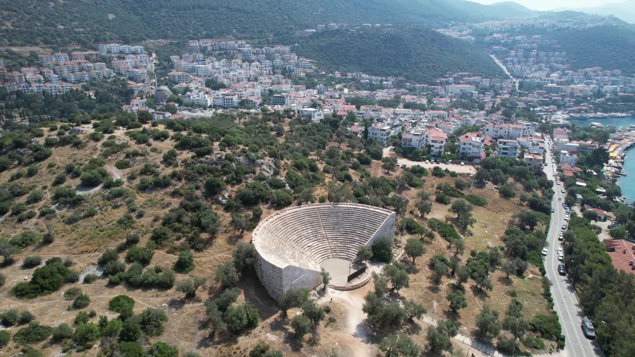 Drone shot of Kaş amphitheatre Lycian Ruins in Antalya region of T&uuml;rkiye