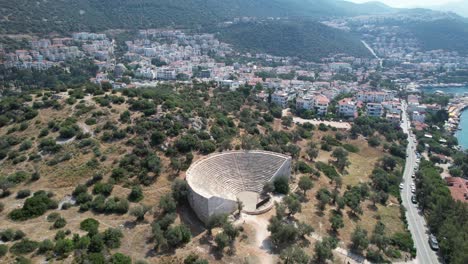 drone shot of kaş amphitheatre lycian ruins in antalya region of türkiye