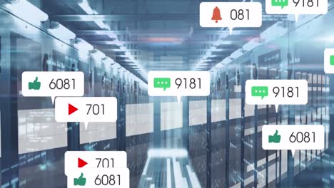 Animation-Von-Social-Media-Symbolen-Und--Zahlen-Sowie-Datenverarbeitung-über-Computerserver