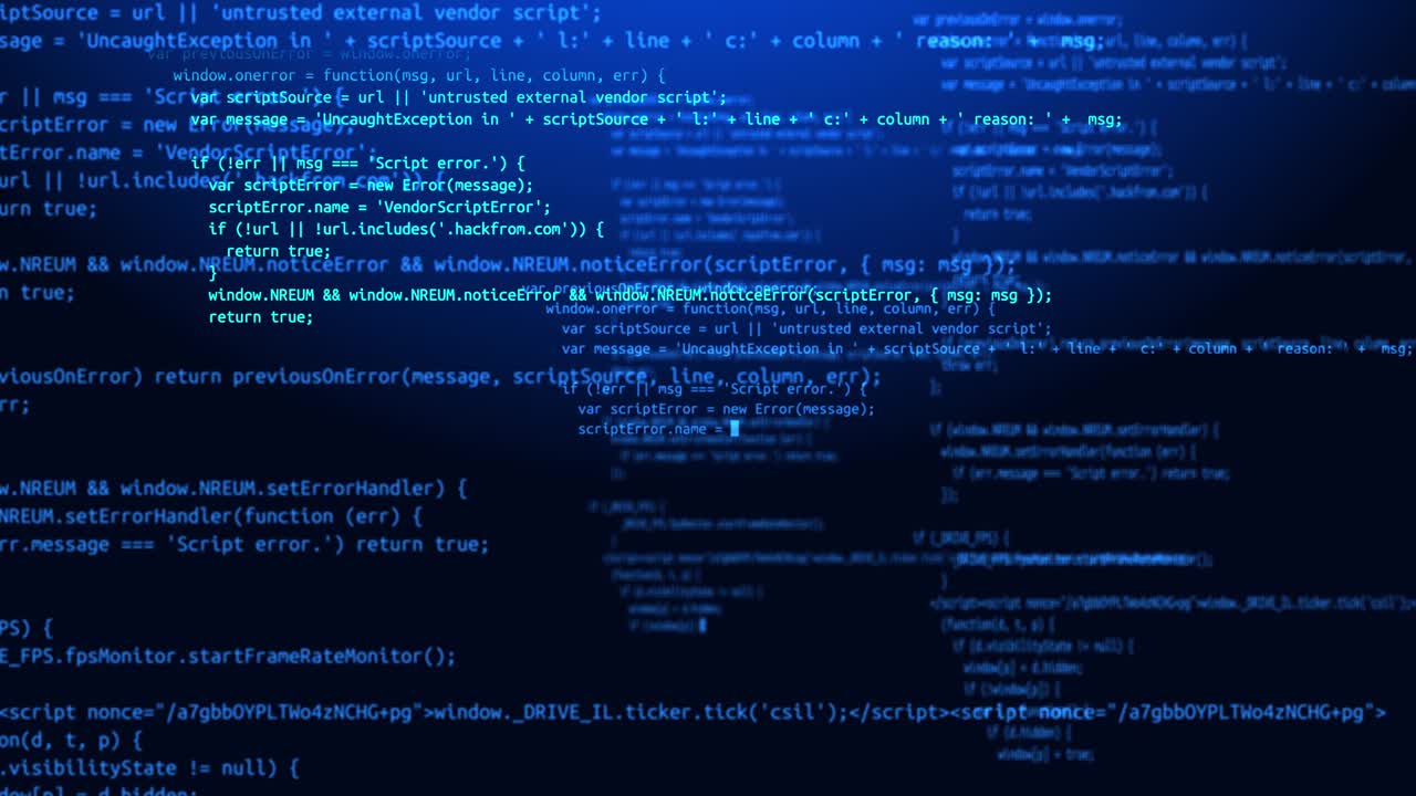 4K loop Blue Screen Program Code on a Computer Screen in Defocus Animation.