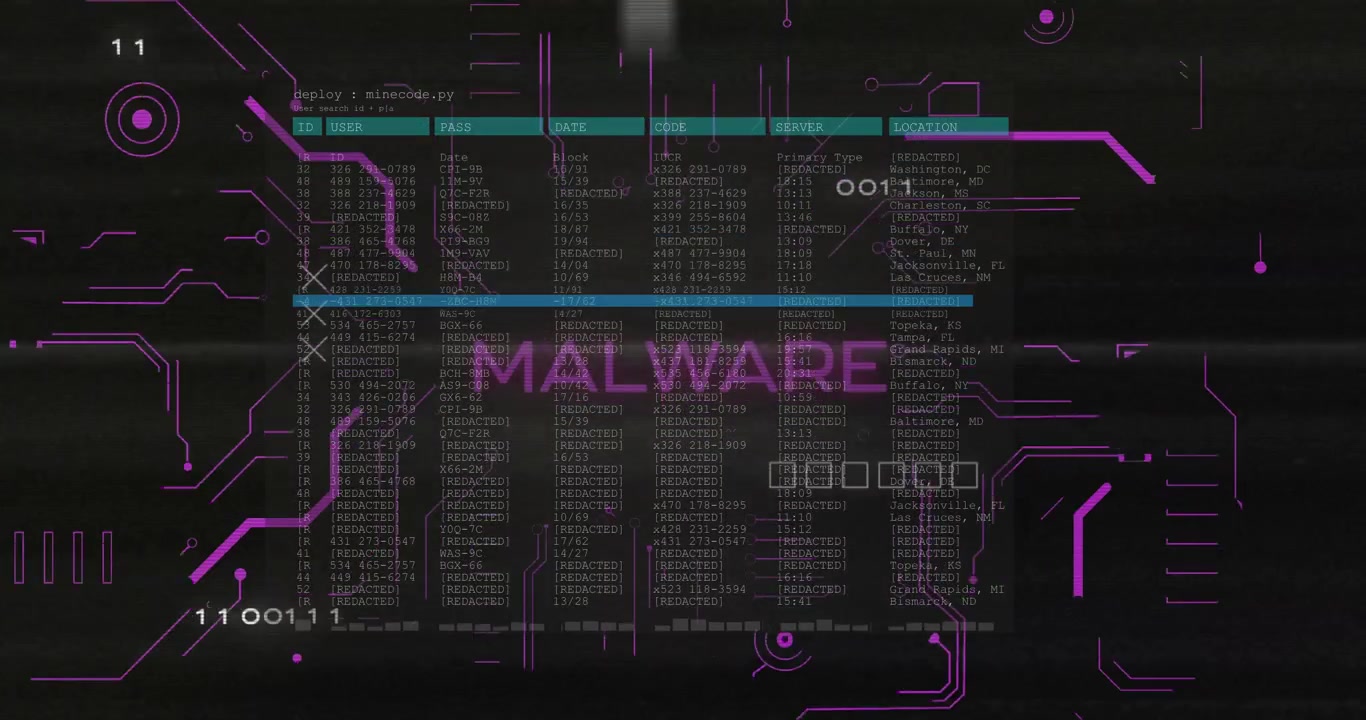 Центральный терминал и надпись "MALWARE" анимируются от импульса сканирования, расширяются, пульсируют, обозначая угрозы.