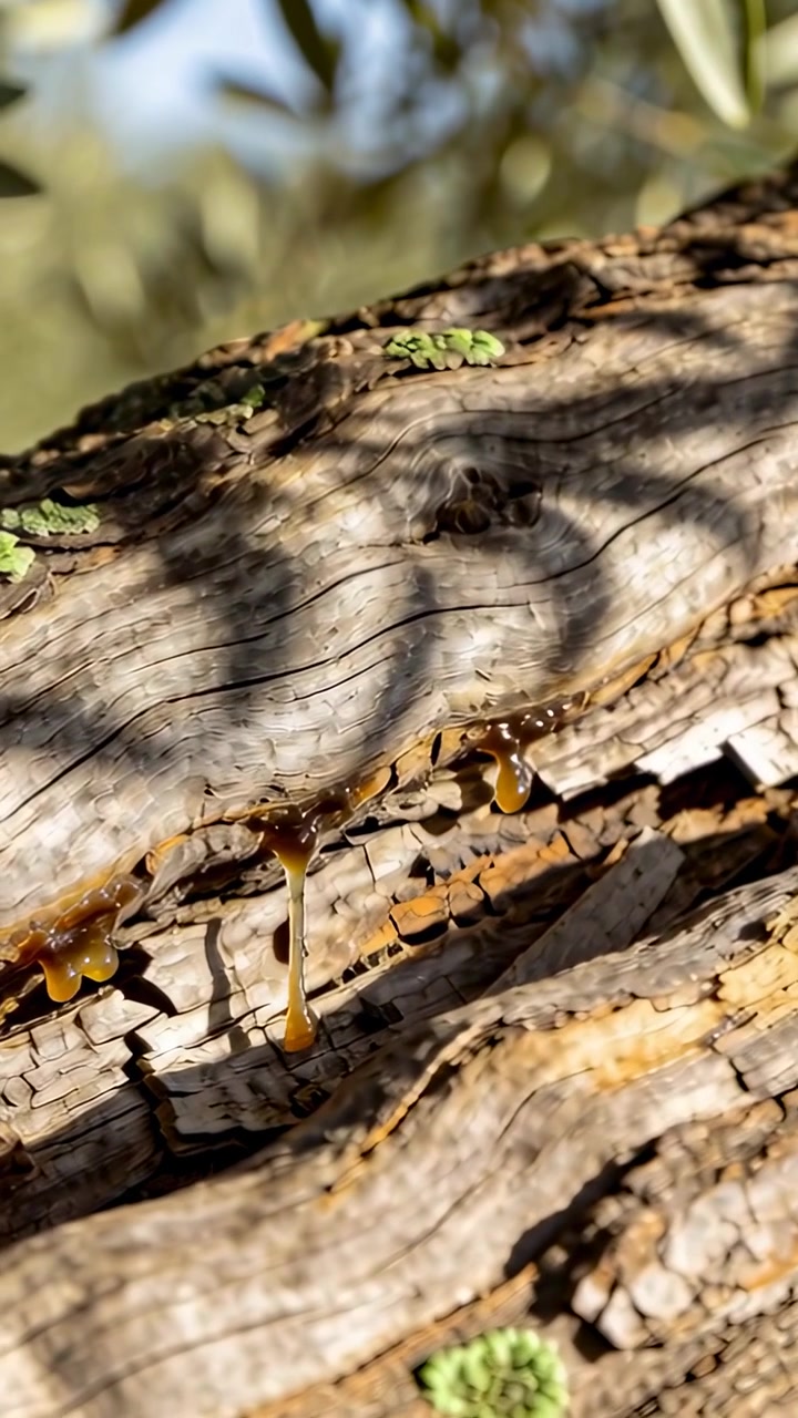 Video verticale: Luce solare che riscalda la corteccia nel bosco, resina ambrata che cola dal tronco, con licheni