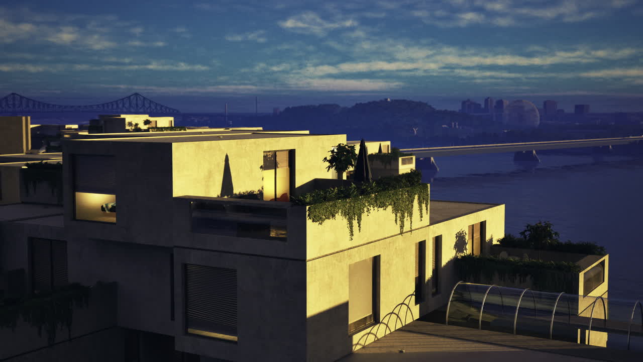 City skyline evening view with modern architecture near waterfront