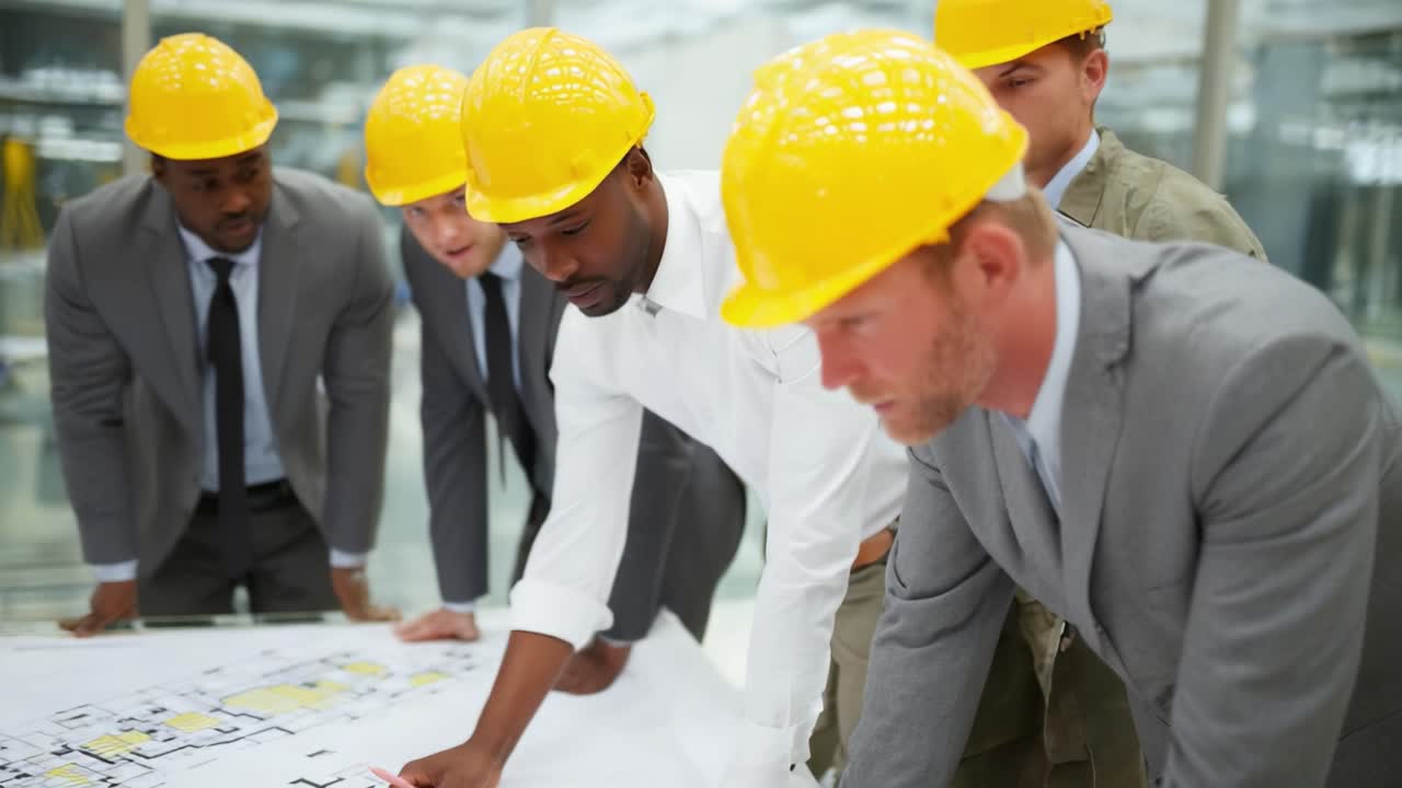 A Group of Professional Workers Collaborating on Project Plans, Analyzing Blueprints with Focus and Teamwork in a Modern Work Environment
