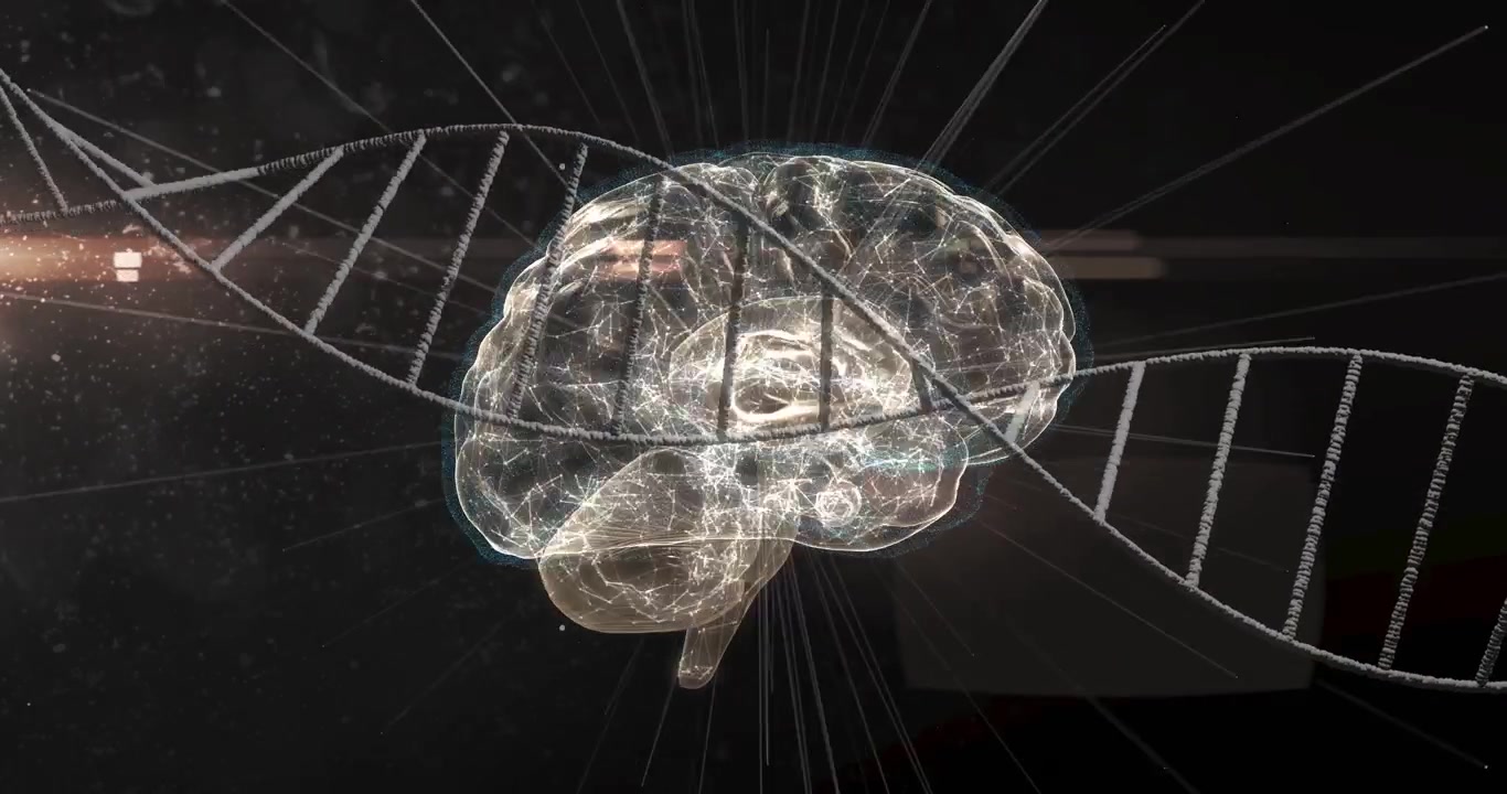 Cervello olografico che ruota mentre la telecamera scientifica zooma, causando una scansione del DNA, con una rete neurale che pulsa per rivelare