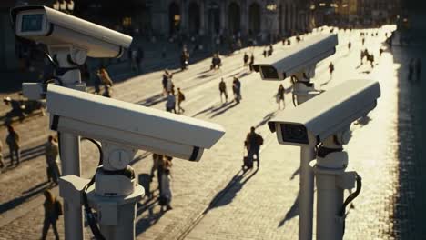 surveillance cameras overlooking a bustling urban plaza capturing movement and activity in the soft glow of sunset light