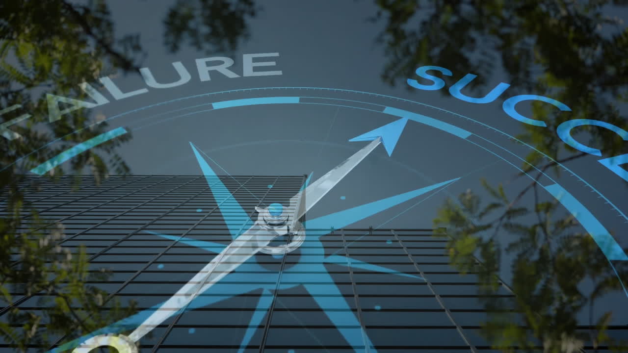 animación de la brújula moviéndose sobre el paisaje urbano