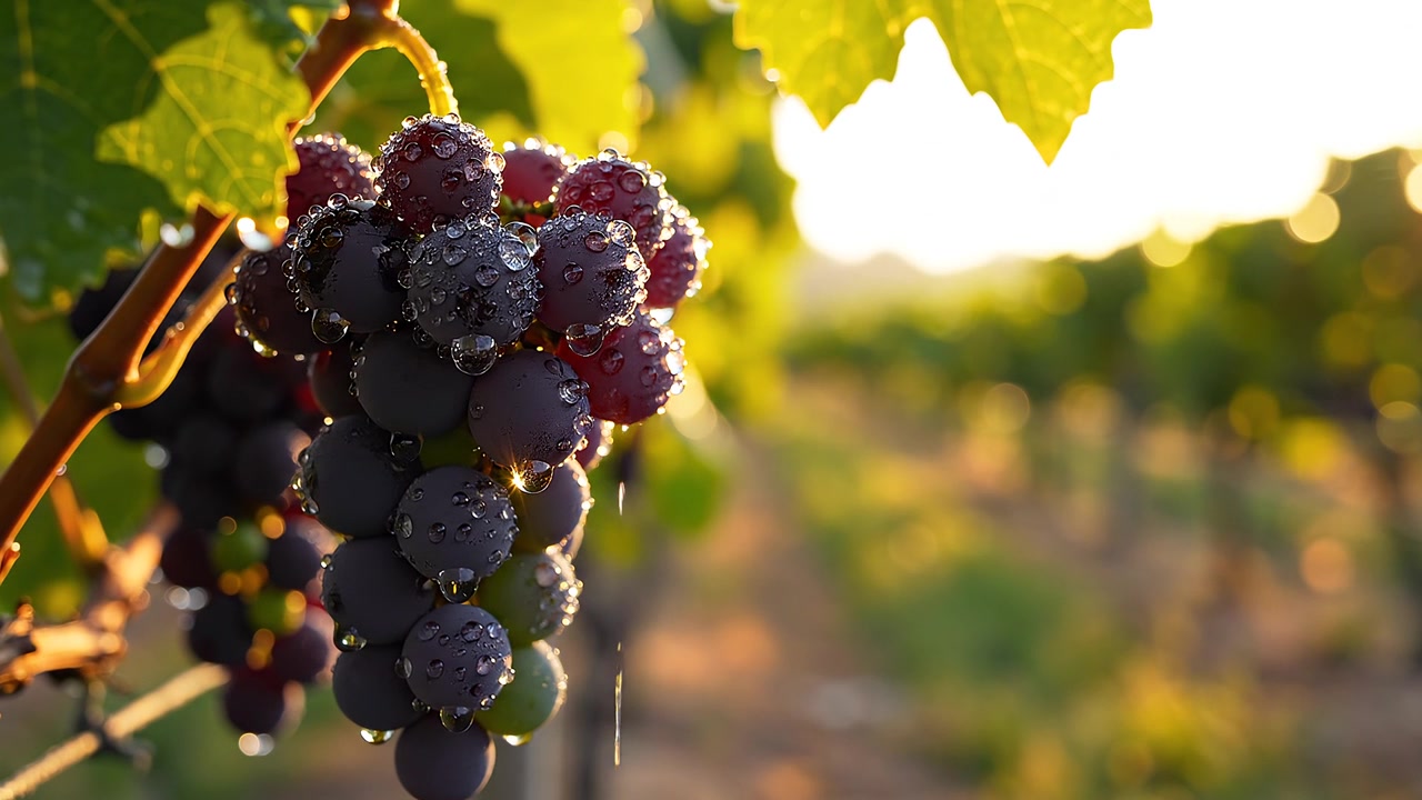 Uva rossa fresca con gocce di rugiada in un vigneto al tramonto dorato
