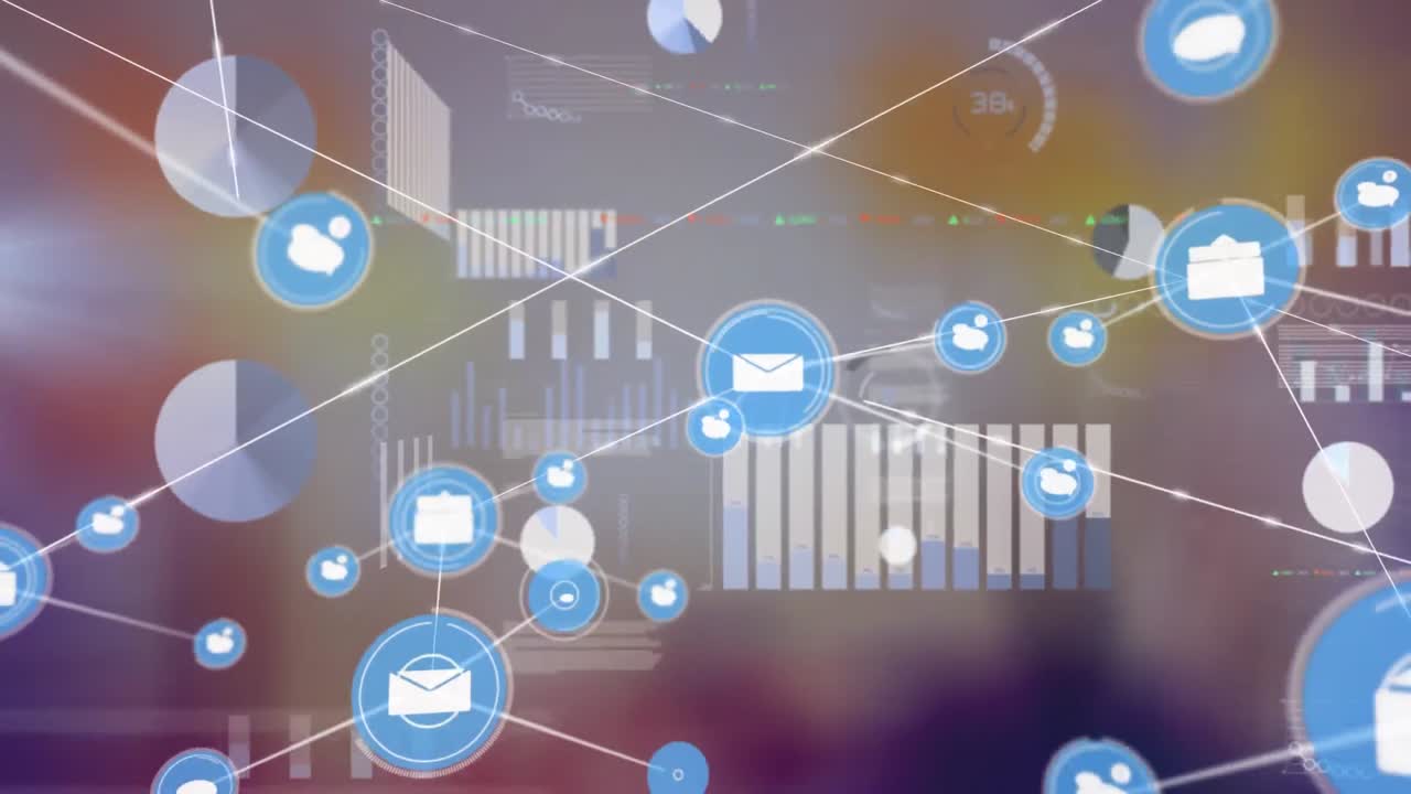 파란색 배경에 데이터 처리를 하는 스크린 위의 디지털 아이콘 네트워크의 애니메이션