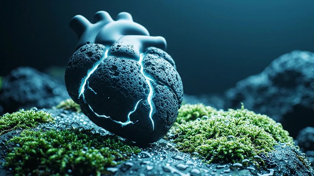 En slående visuel repræsentation af et hjerte, der fremhæver dets unikke tekstur midt i en baggrund af levende mos og sten, der udstråler fængslende energi og liv