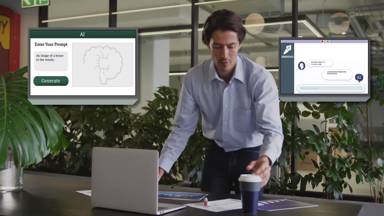 animación de un texto y procesamiento de datos sobre pantalla y empresario caucásico