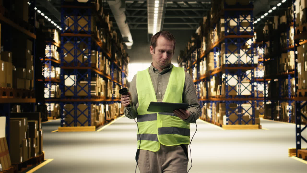 Operaio industriale che scansiona le etichette di scatole di cartone per l'accuratezza dell'inventario