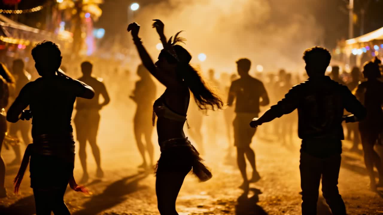 夜の祭り行列を先導する踊る女性ダンサー。音楽が始まり、羽の頭飾りが揺れる。