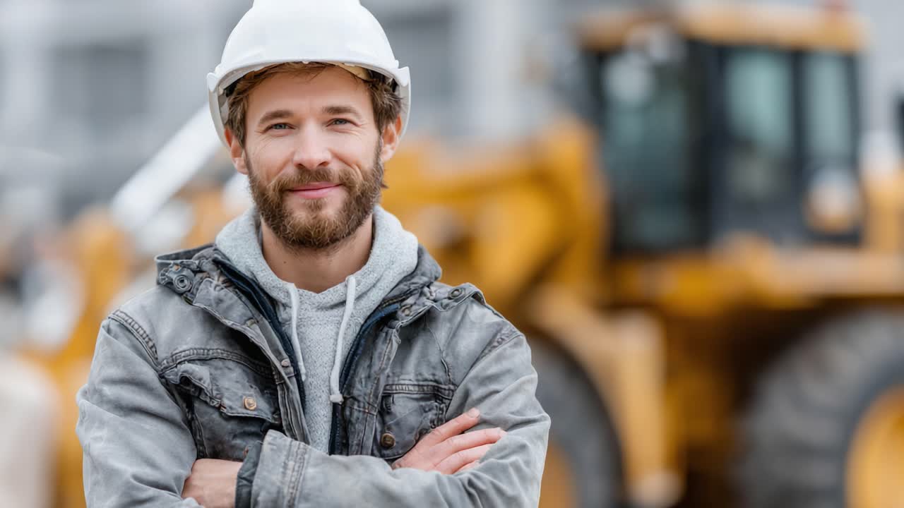 Confident Construction Worker in Safety Gear Standing Proudly at a Construction Site with Machinery in the Background Reflecting His Dedication to the Job