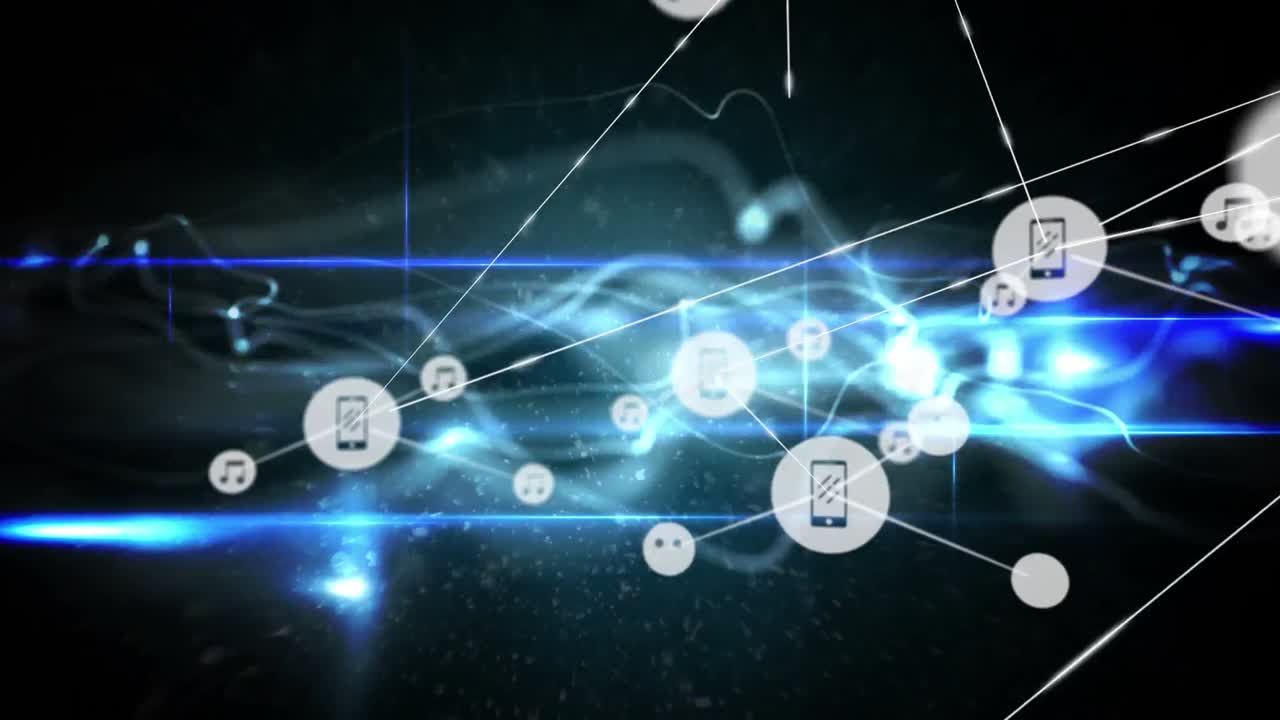 검은색과 파란색 배경에 아이콘으로 연결 네트워크의 애니메이션