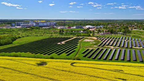 golden rapeseed fields and solar panels, aerial drone orbit view
