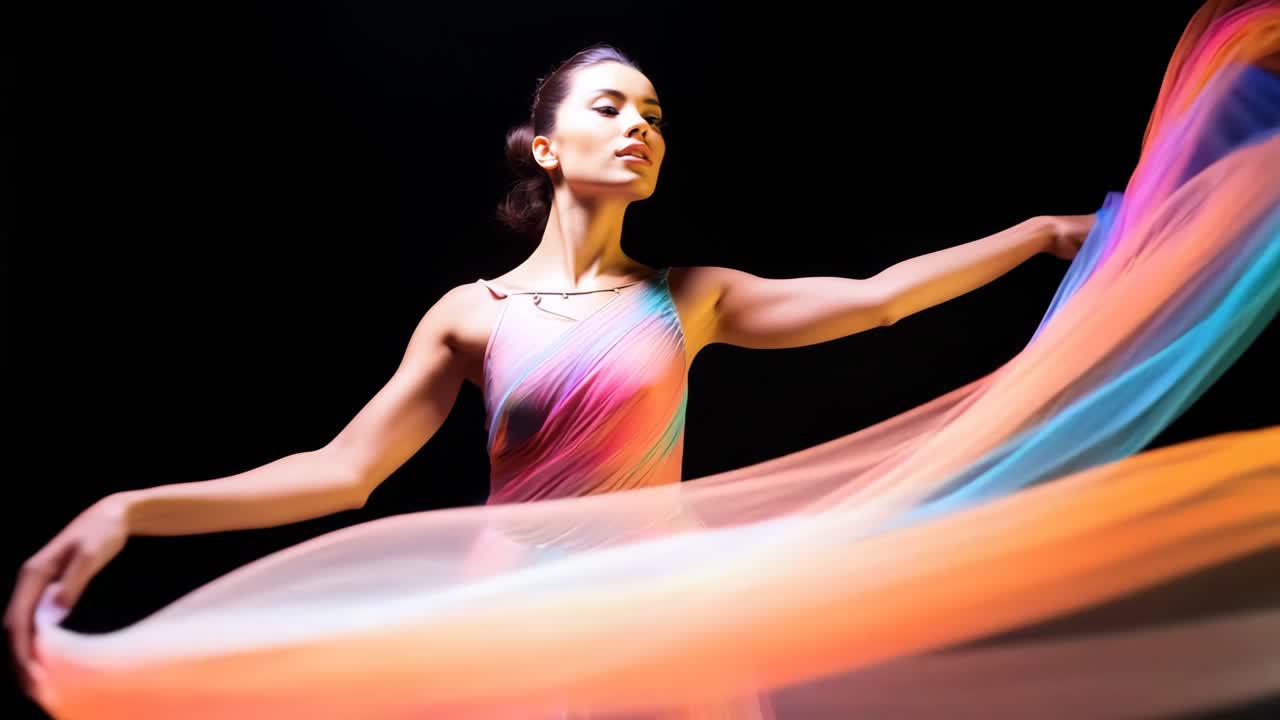 Dynamic motion blur of a dancer in vibrant colors, captured from a low angle