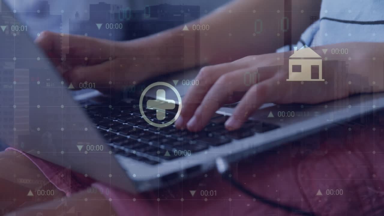 animación de iconos, números, patrón de cuadrícula sobre la sección media de un niño caucásico estudiando en una computadora portátil