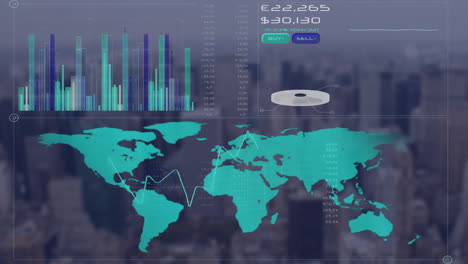 Animation-of-graphs,-map,-changing-numbers,-currency-symbols-over-modern-cityscape