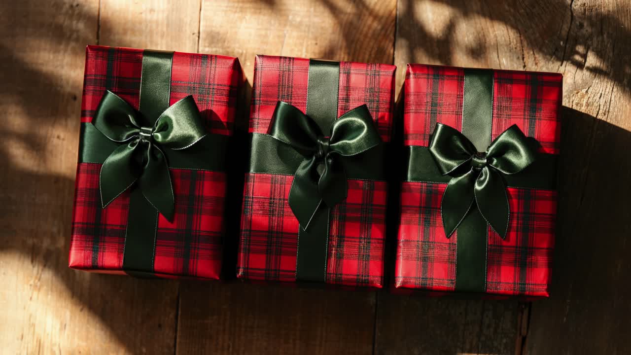 Scatole regalo a quadri rosse e verdi su un tavolo di legno