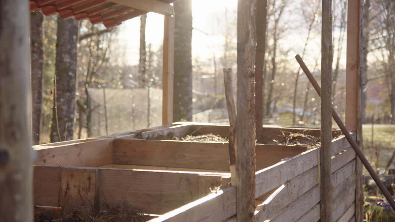 bahías de compost humeantes retroiluminadas en una casa de compost de madera rústica, día frío