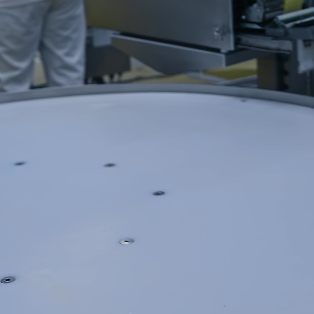 Meat processing plant. Ready chicken meat packaged in vacuum bag on a conveyor line. Worker places wrapping meat on a poultry farm