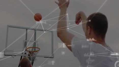 network of connections and data processing animation over basketball players shooting hoops