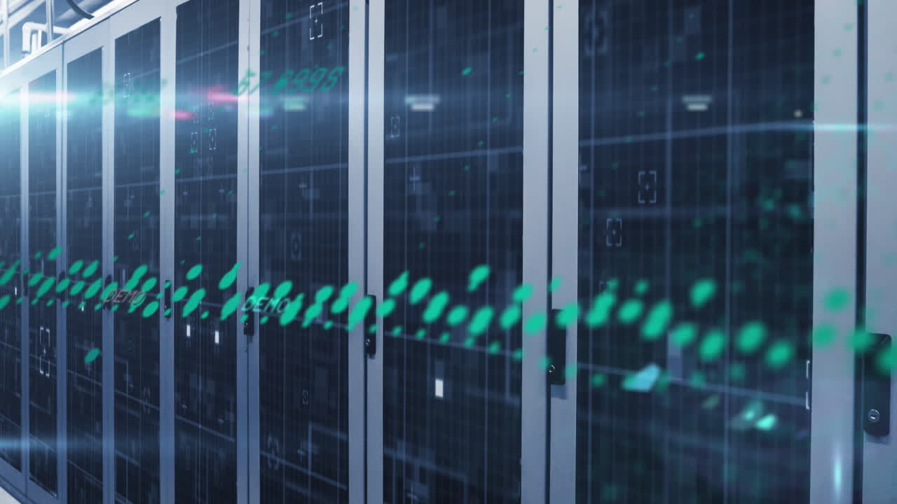 Animation of data processing and light spots against computer server room