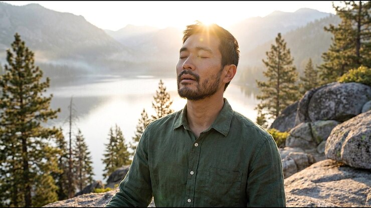 Meditazione all'aperto nella natura che promuove il benessere e la pace interiore