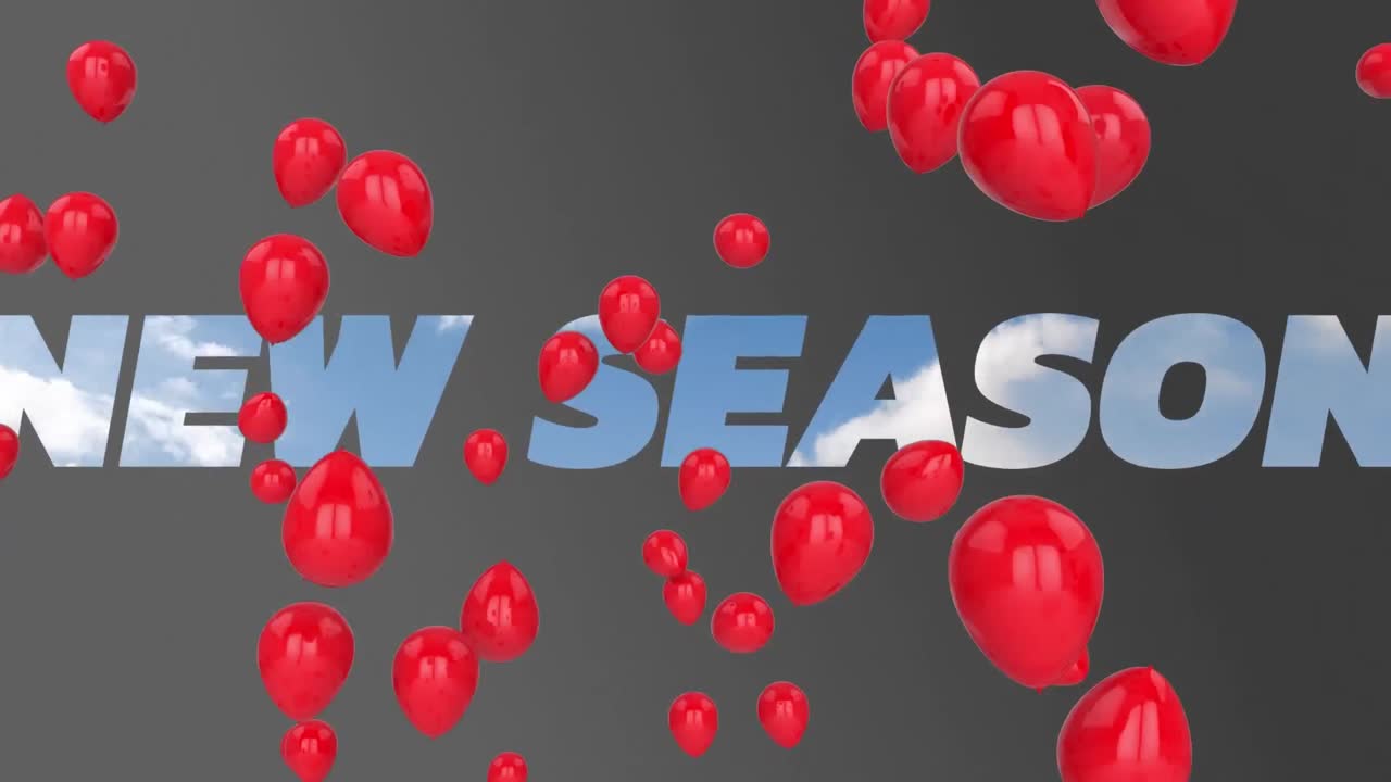 animación del texto de la nueva temporada y globos sobre fondo gris