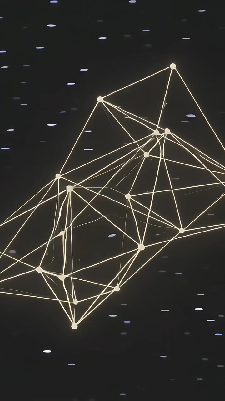 Vertical video: Looping causing tilting glowing mesh over dark stars, pulsing nodes, lines, streaks