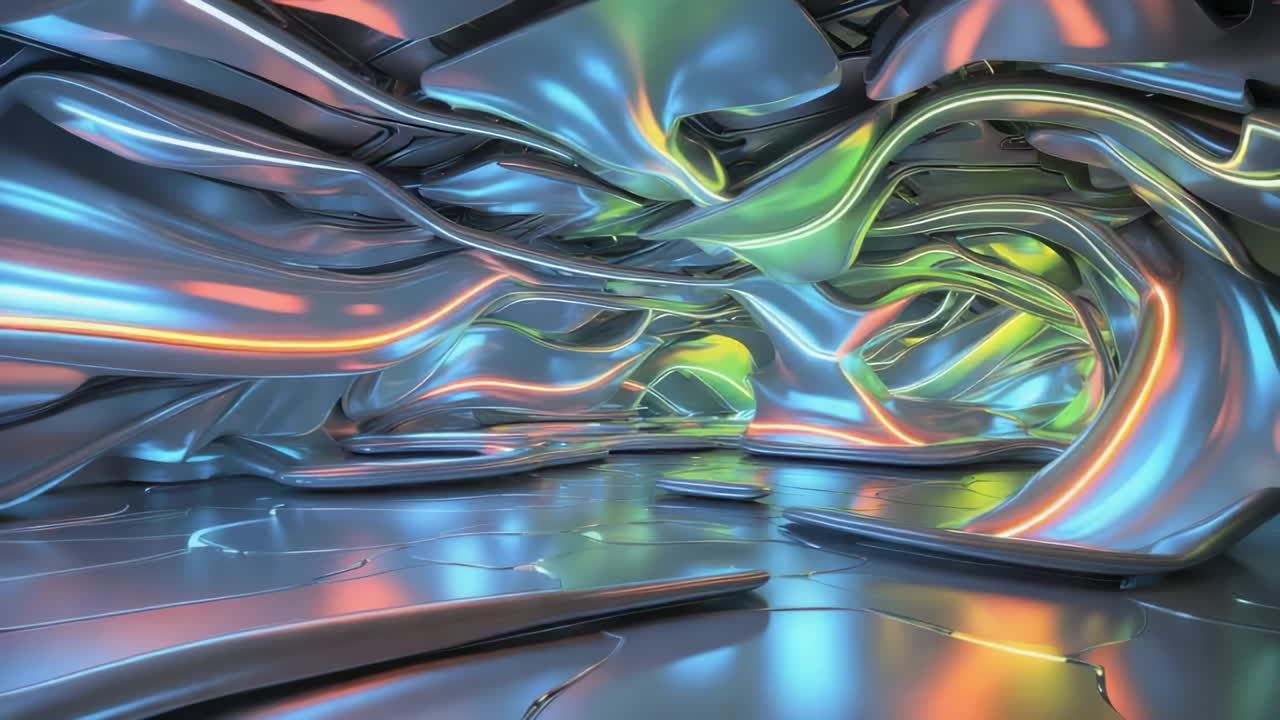 Abstract Iridescent Metallic Cavern with Neon Lights